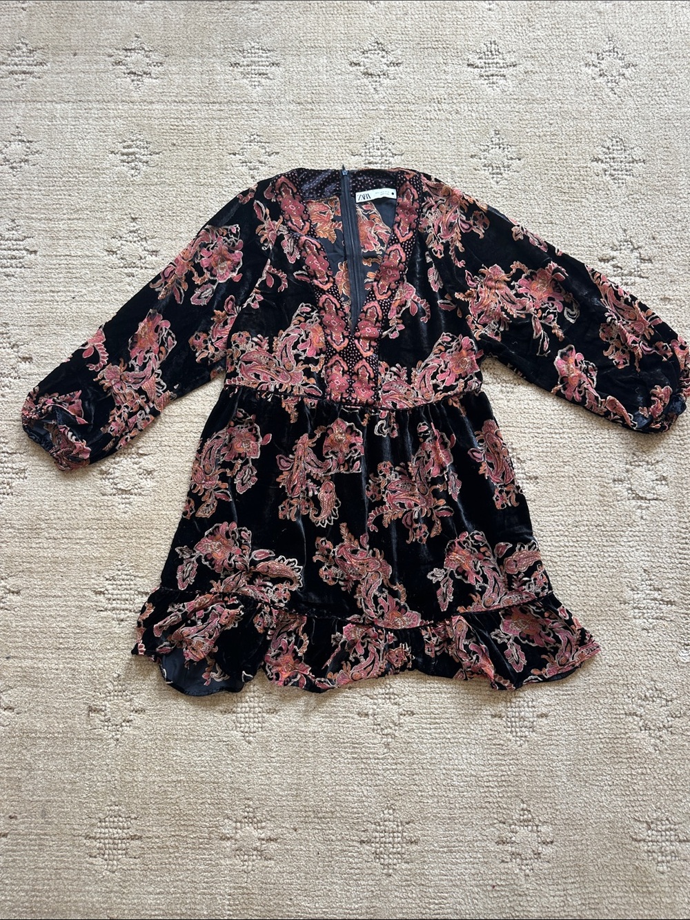 Zara Black Velvet Mini Dress with Dusty Rose and Rust Floral Print